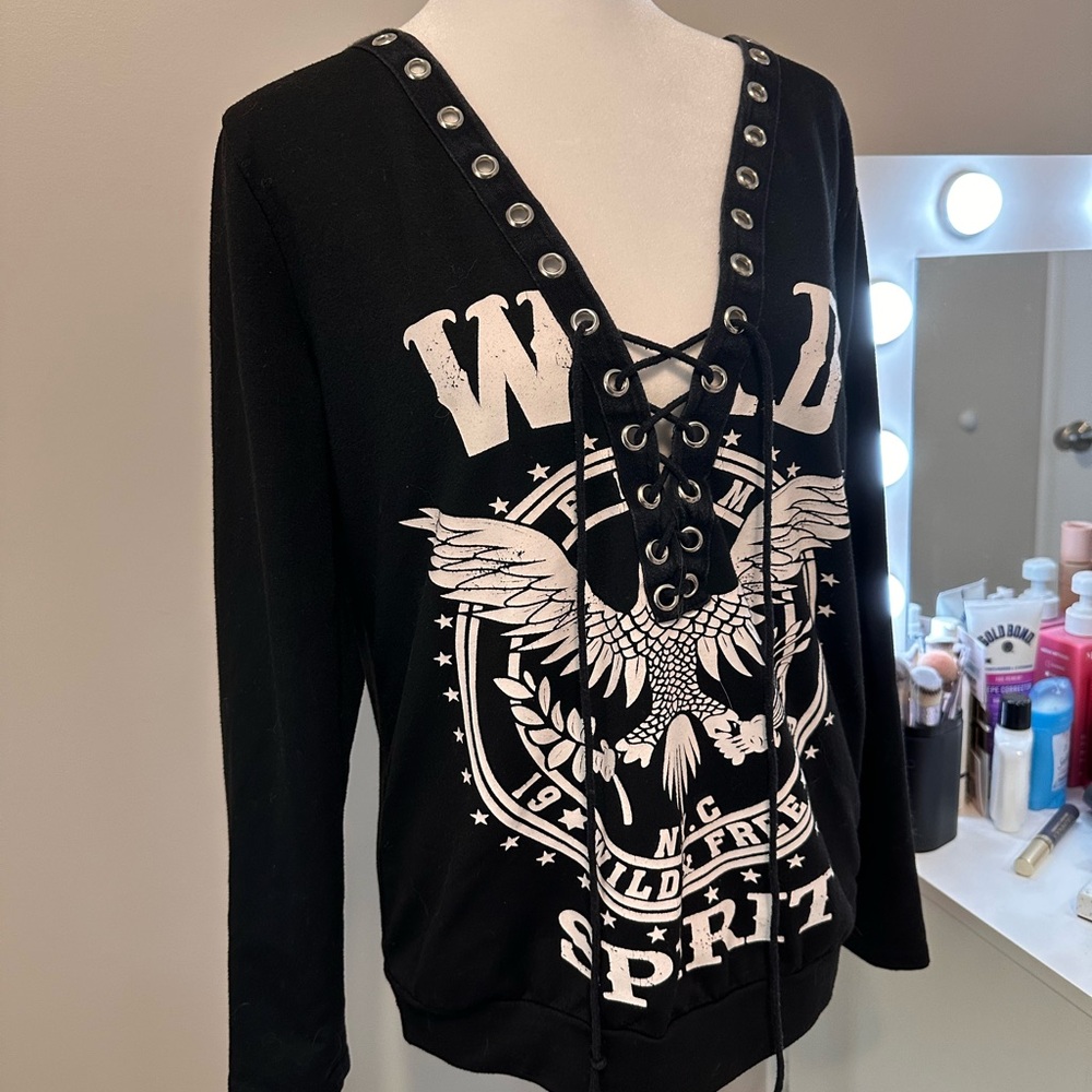 Wild and Free Spirit Black Lace-Up Top with Eagle Design Biker Chick